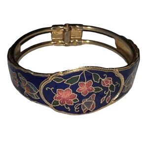 Vintage Cloisonné Blue & Gold Floral Enamel Hinged Bracelet